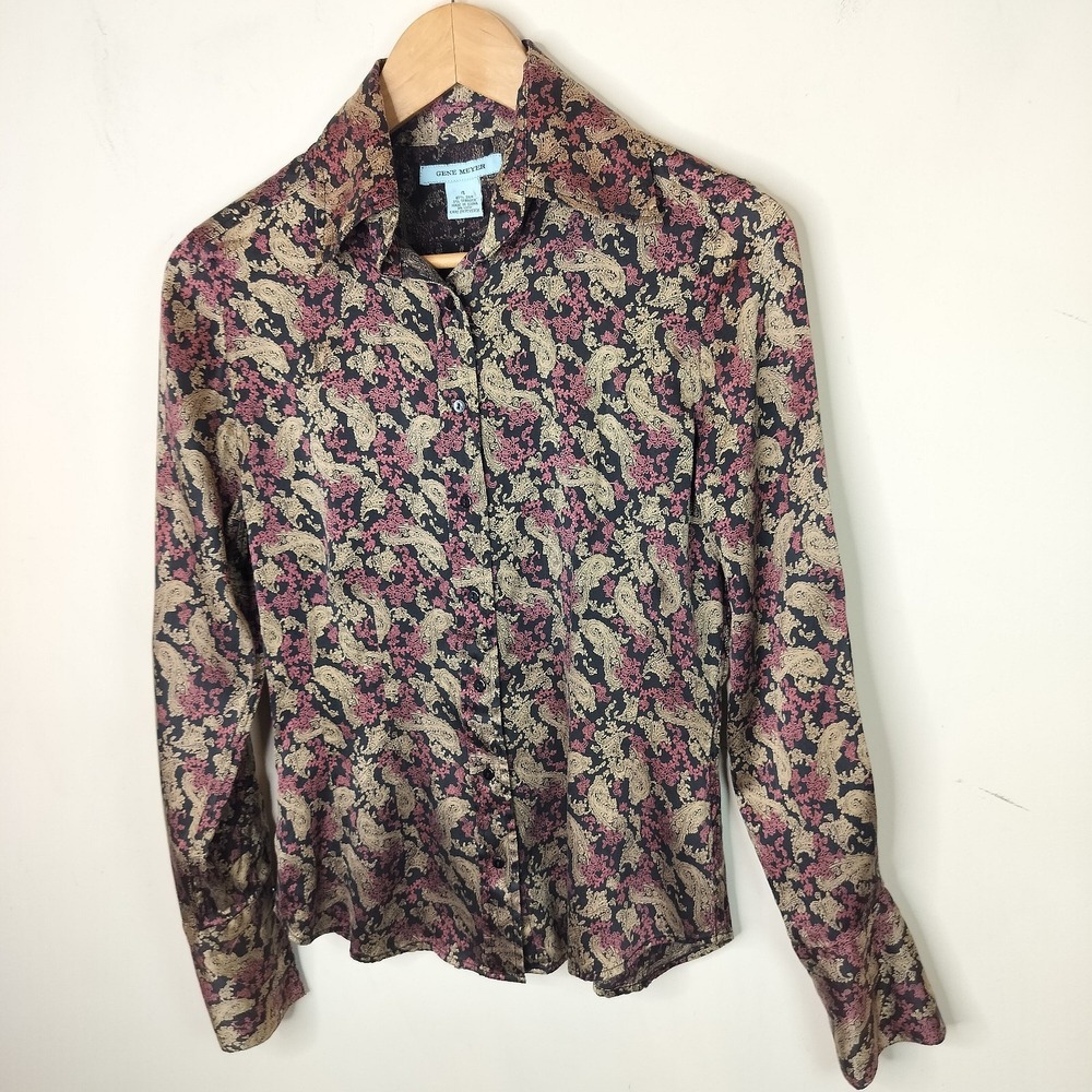 Gene Meyer Silk Paisley Floral Button Up Shirt Dark Romantic - Picture 3 of 8
